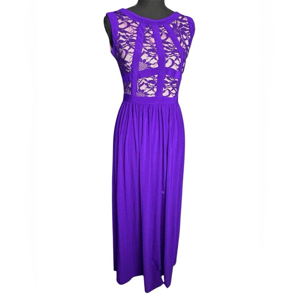 Morgan & Co Womens Purple Long Formal Gown S 3/4 Elegant Feminine Prom Lace Maxi